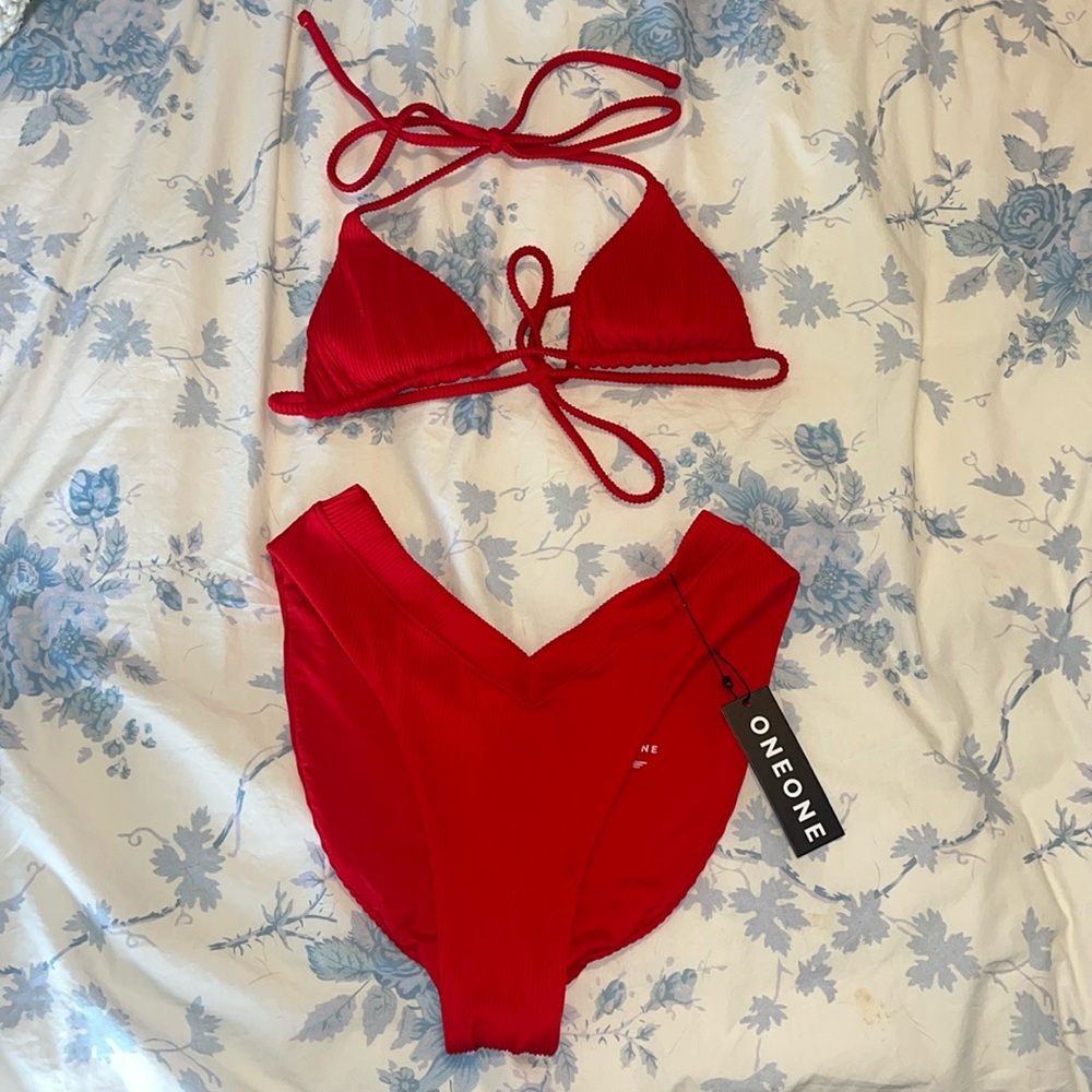 Red triangle bikini top and bottoms